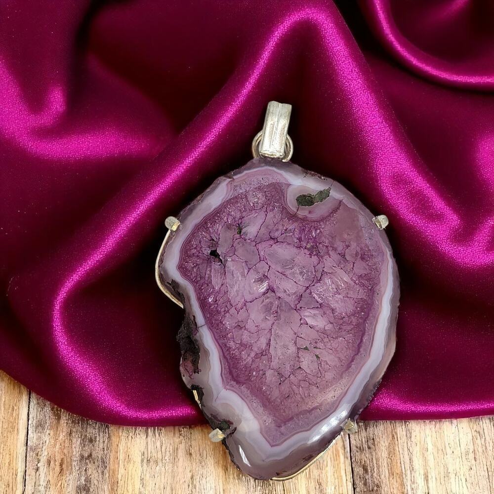 Sterling Silver Purple Agate Pendant – Handmade Geode Slice Necklace